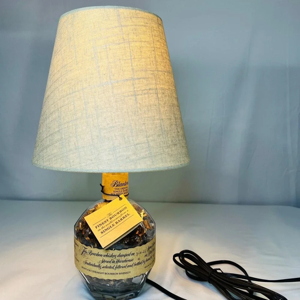 Blanton's Bourbon Bottle Lamp Upcycled Whiskey Bar Decor with Linen Shade